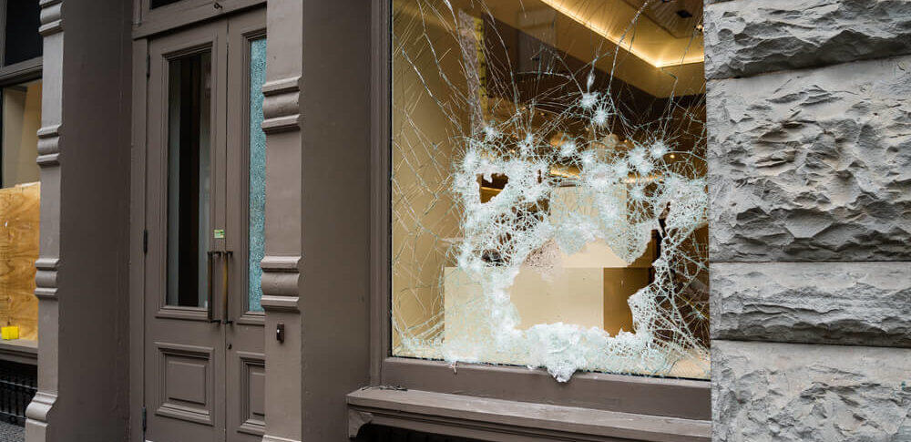 Broken glass in a store window